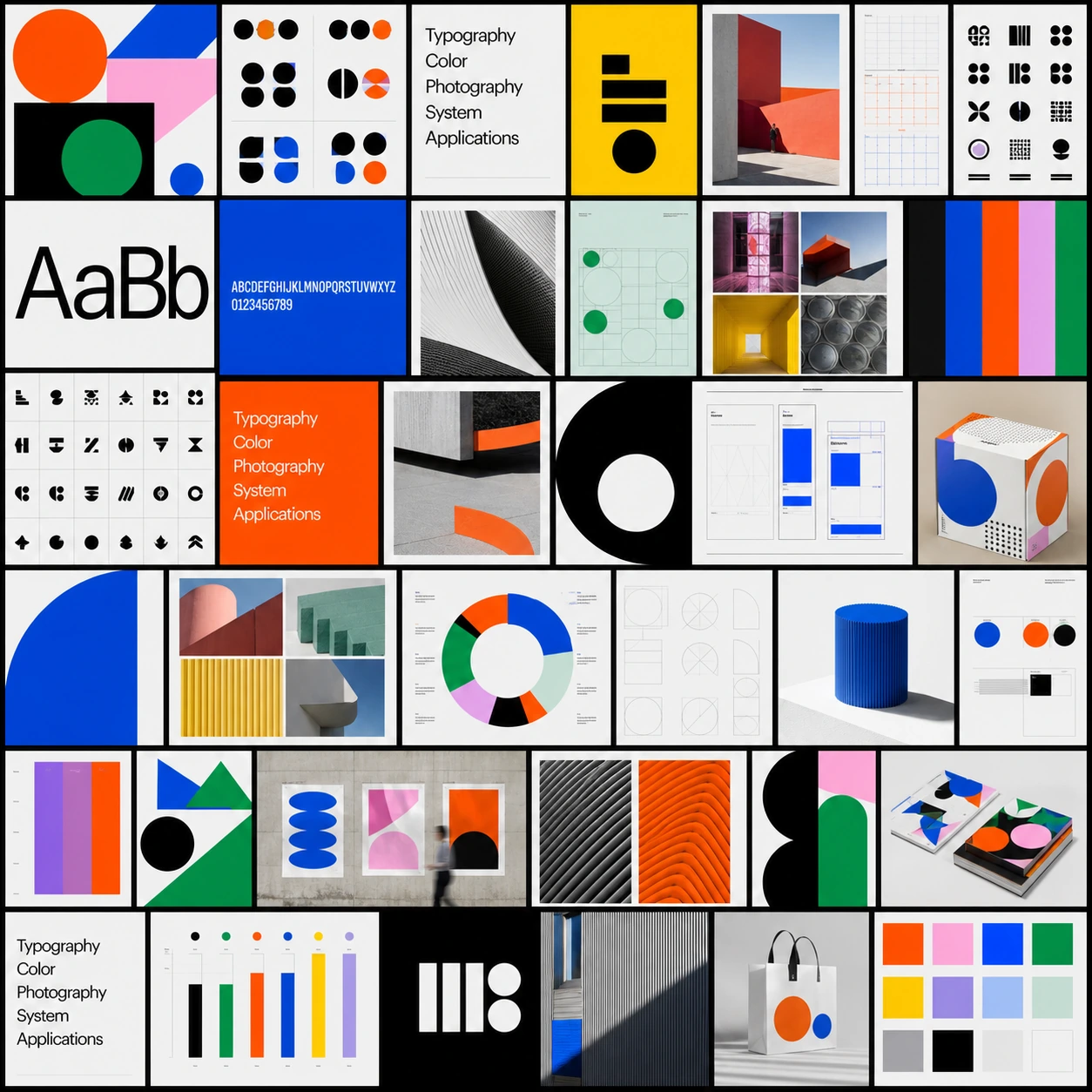 A collage of typography, colors, and visual identity applications